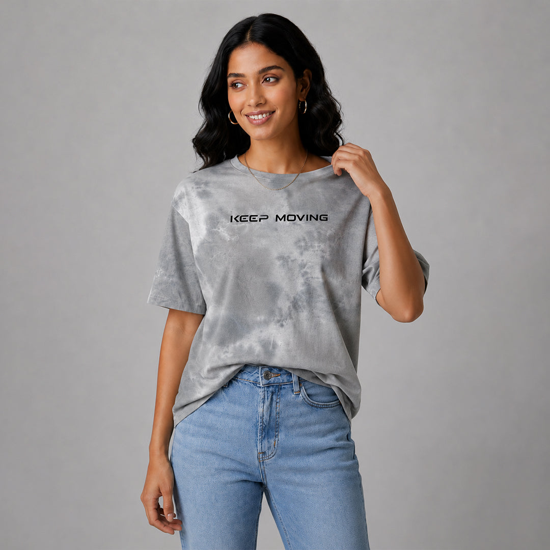 Women Jacquard Boxy Fit Round Neck T-Shirt ELASTO+ Stretch Fit Breathable Soft Casual Wear