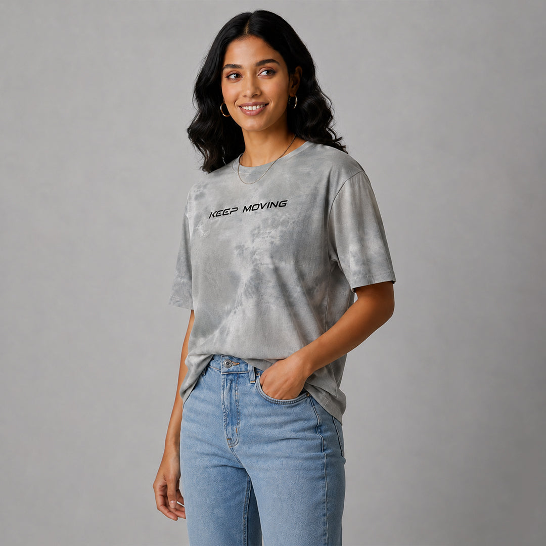 Women Jacquard Boxy Fit Round Neck T-Shirt ELASTO+ Stretch Fit Breathable Soft Casual Wear