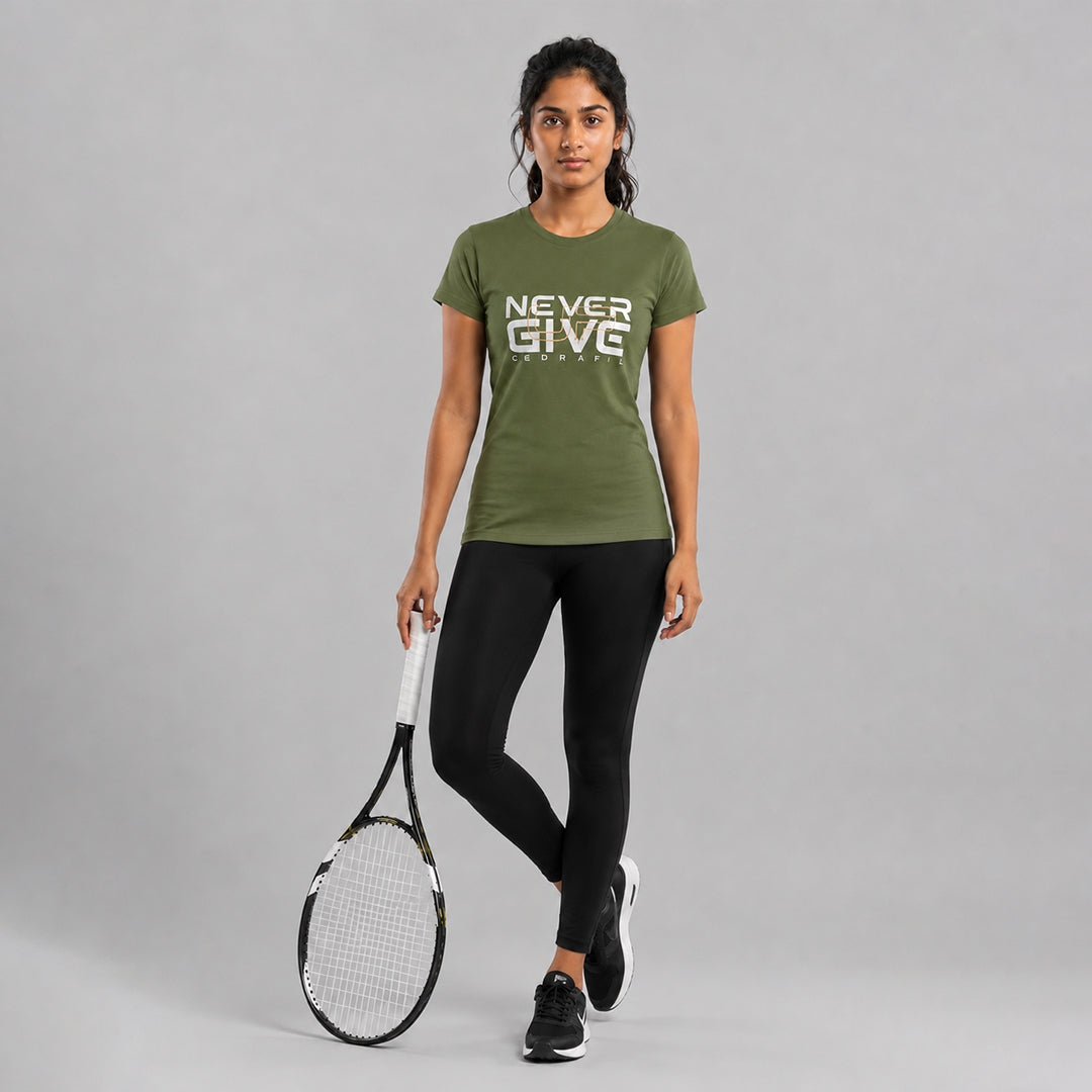 Women Typography Print Sports T-Shirt ELASTO+ Stretch Fit Breathable Gym Tee
