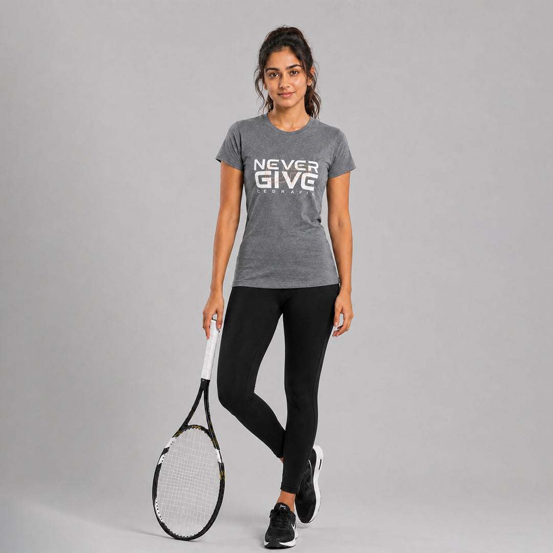 Women Typography Print Sports T-Shirt ELASTO+ Stretch Fit Breathable Gym Tee